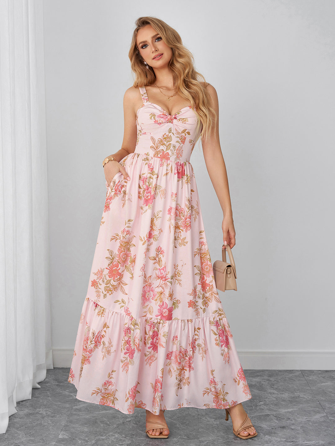 Pocket Backless Ruched Floral Print Maxi Dress