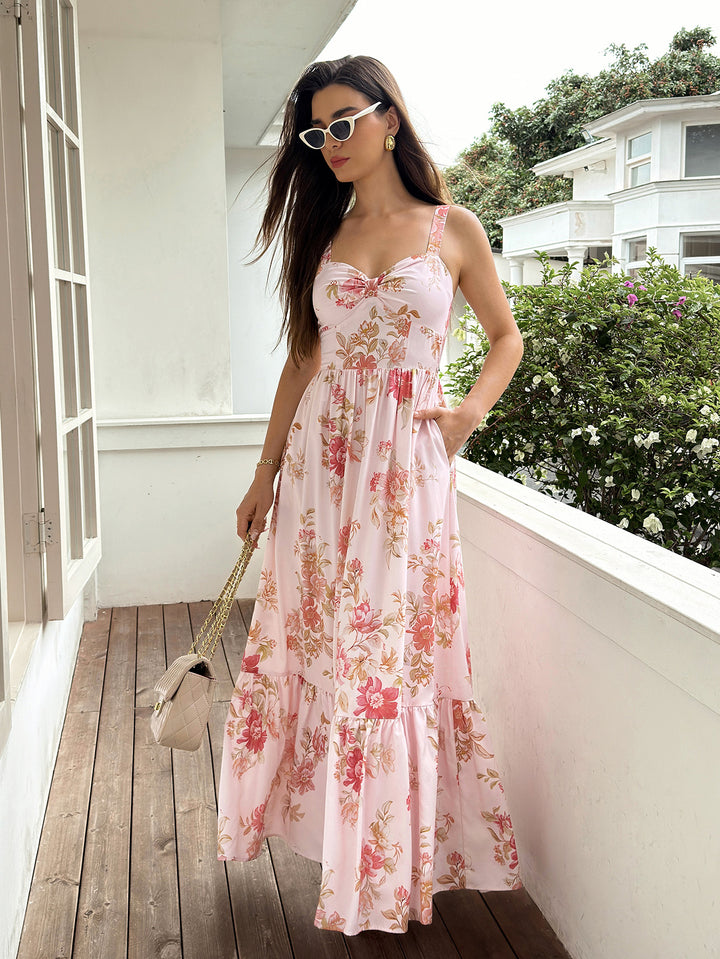 Pocket Backless Ruched Floral Print Maxi Dress