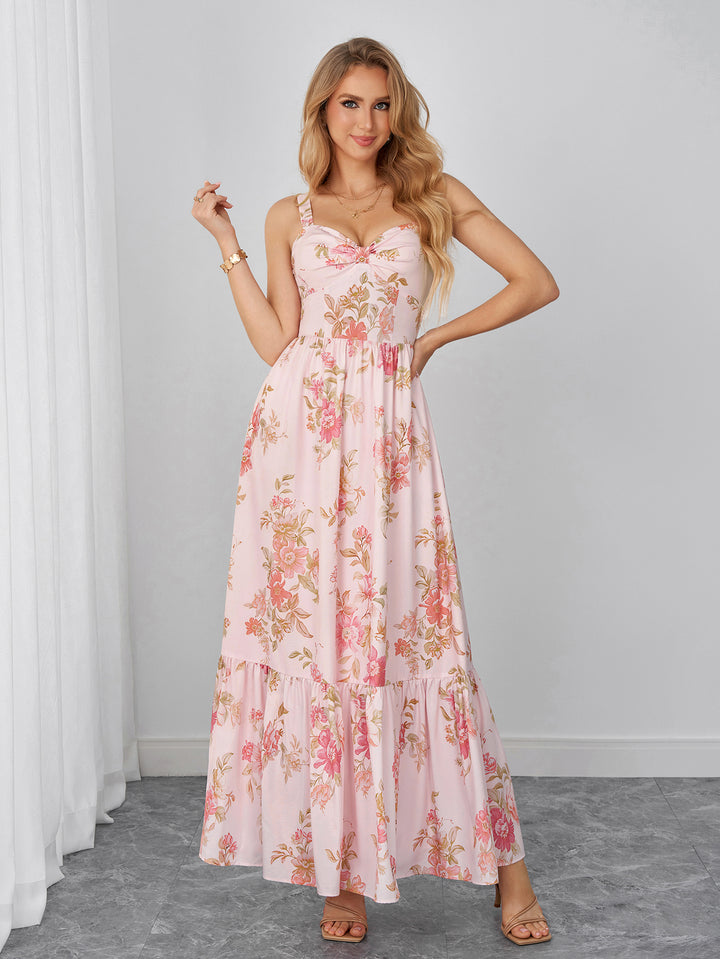 Backless Ruched Pocket Floral Print Maxi Dress