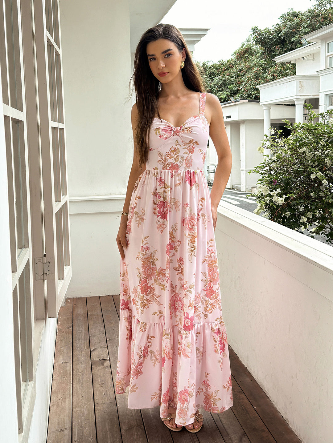 Backless Ruched Pocket Floral Print Maxi Dress#color_pinkfloral
