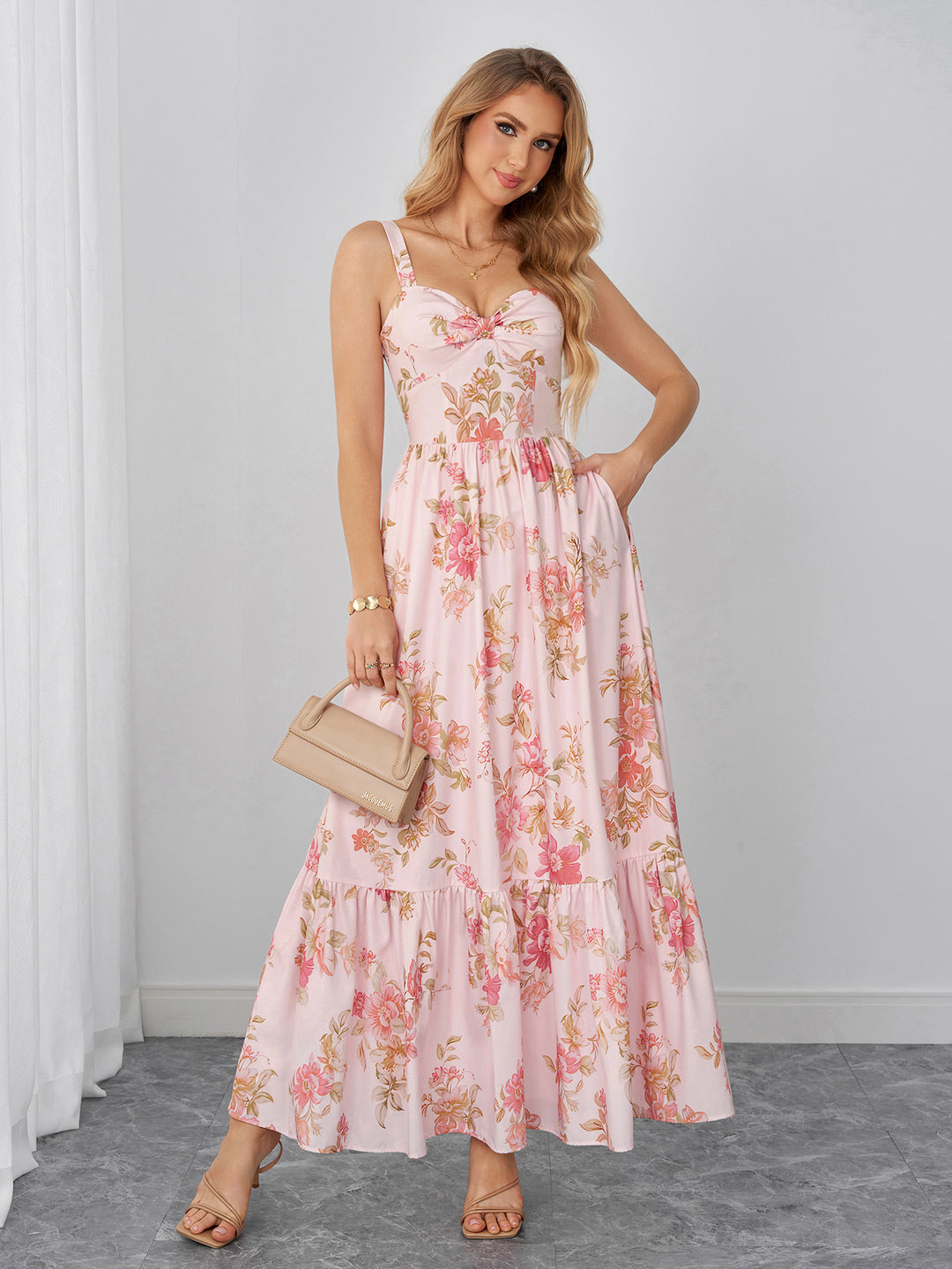 Ruched Pocket Backless Floral Print Maxi Dress