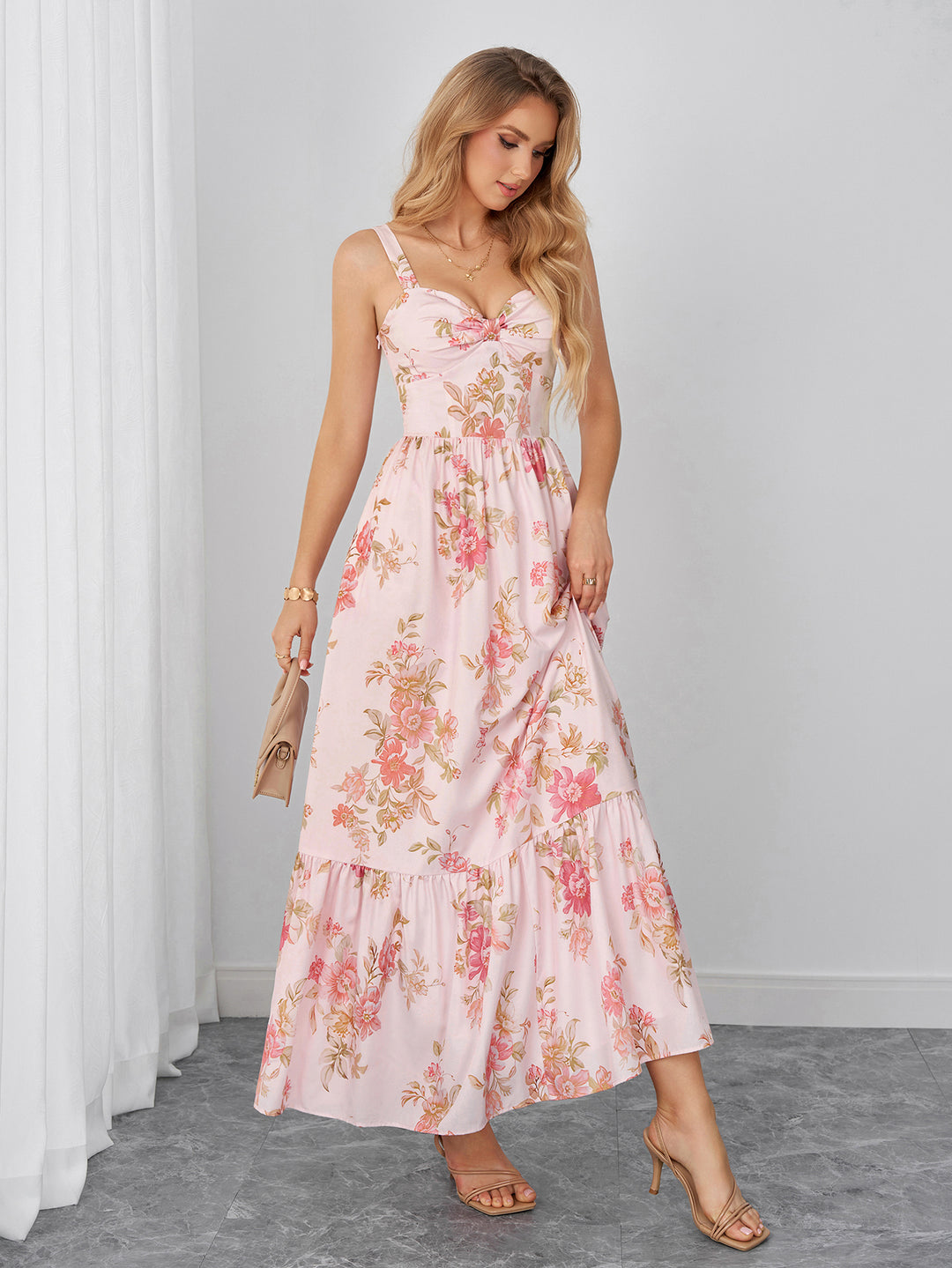 Ruched Backless Pocket Floral Print Maxi Dress