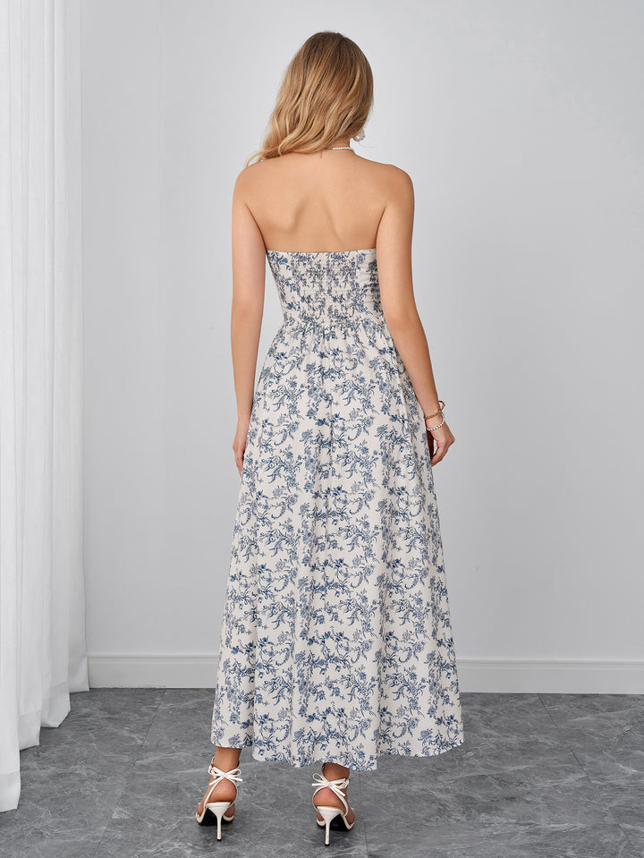 Backless Pocket Ruched Floral Print Tube Dress