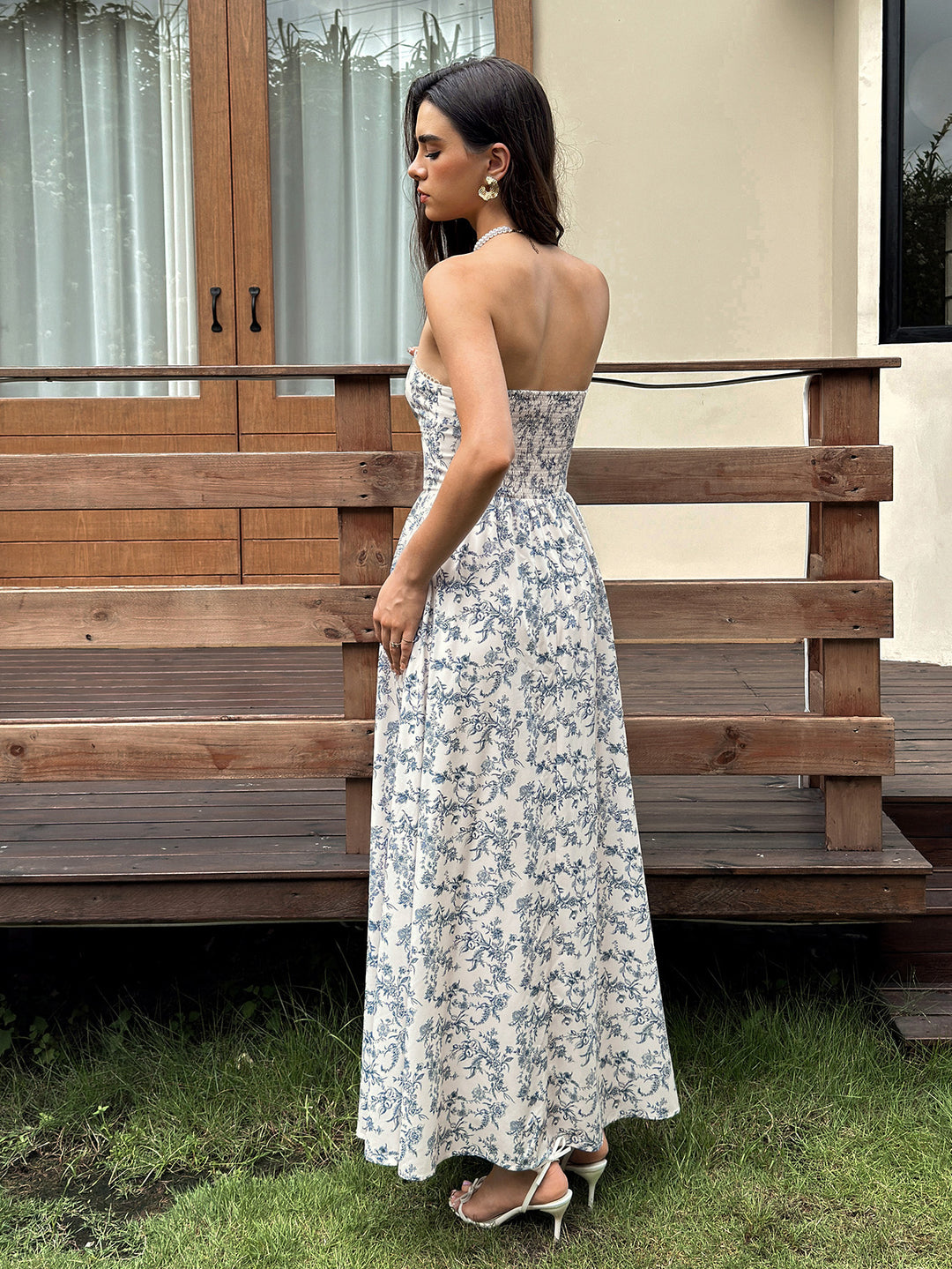 Backless Pocket Ruched Floral Print Tube Dress