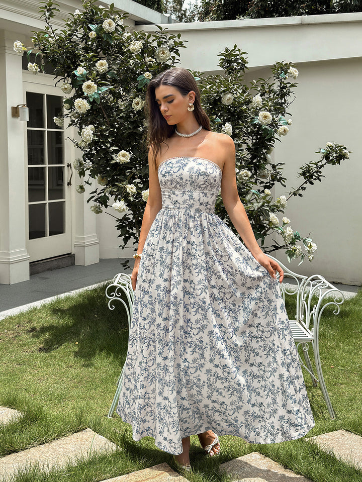 Pocket Backless Ruched Floral Print Tube Dress
