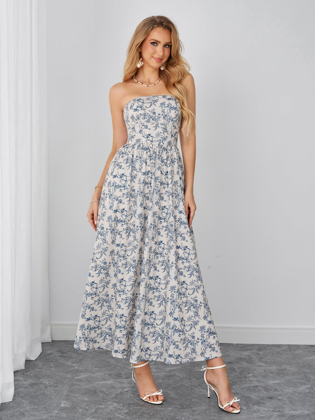 Backless Ruched Pocket Floral Print Tube Dress