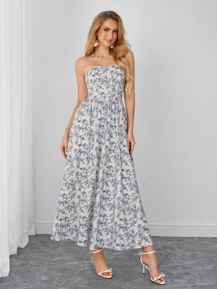 Backless Ruched Pocket Floral Print Tube Dress