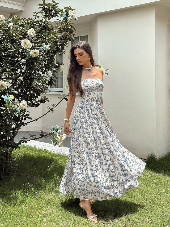 Ruched Pocket Backless Floral Print Tube Dress