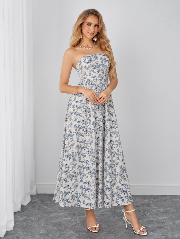 Ruched Backless Pocket Floral Print Tube Dress