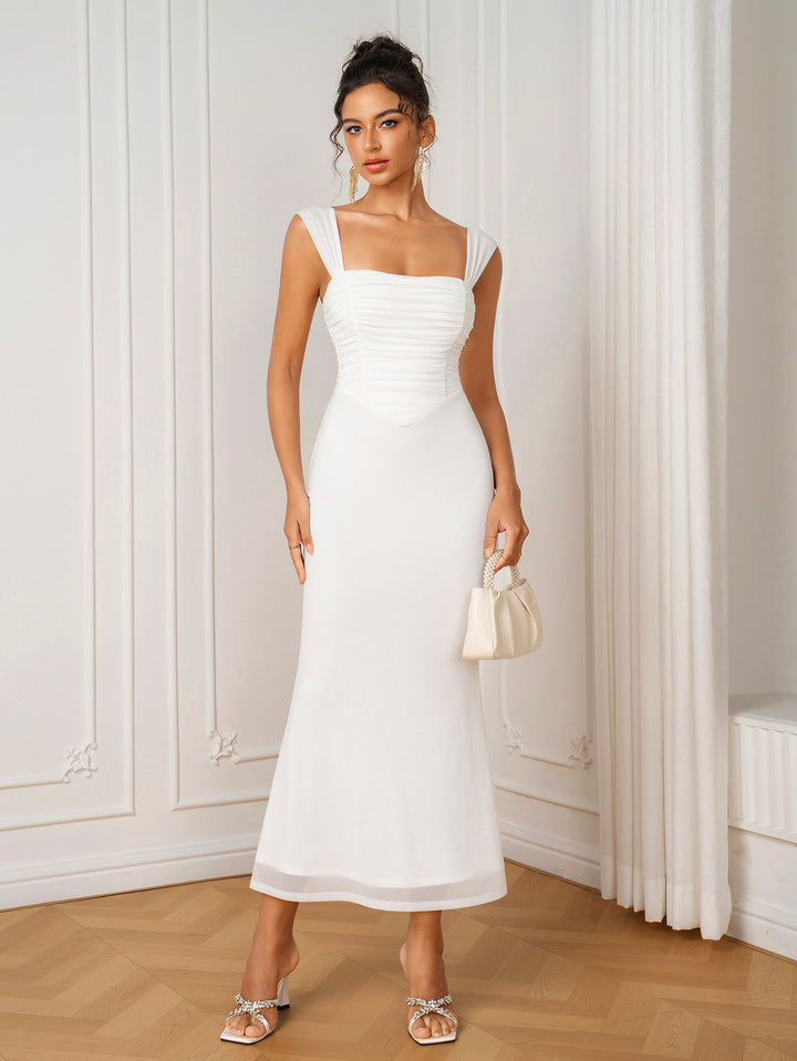 Ruched Solid Backless Bodycon Mesh Dress