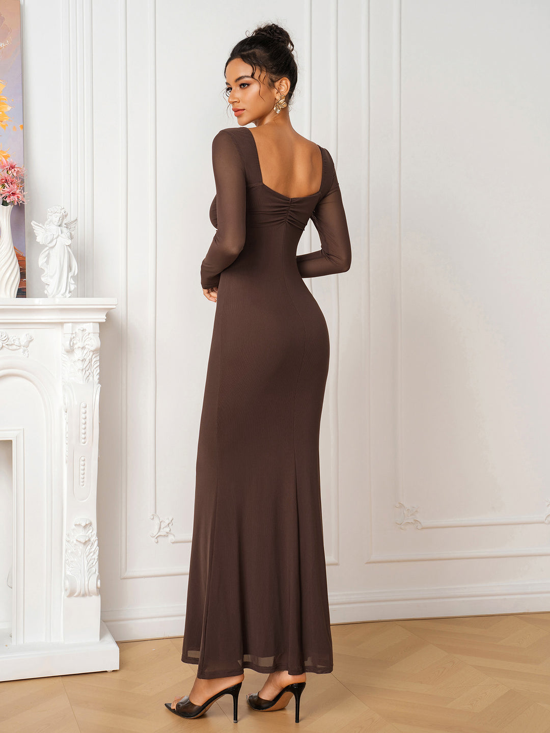 Backless Solid Ruched Long Sleeve Mesh Dress