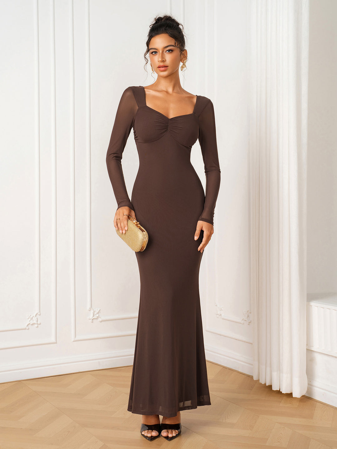 Backless Ruched Solid Long Sleeve Mesh Dress