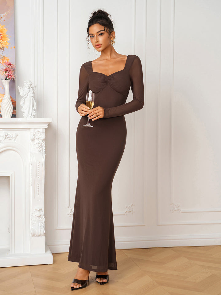 Ruched Solid Backless Long Sleeve Mesh Dress