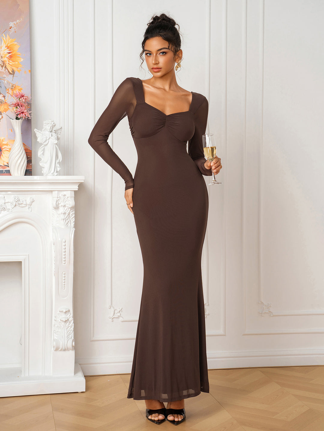 Ruched Backless Solid Long Sleeve Mesh Dress