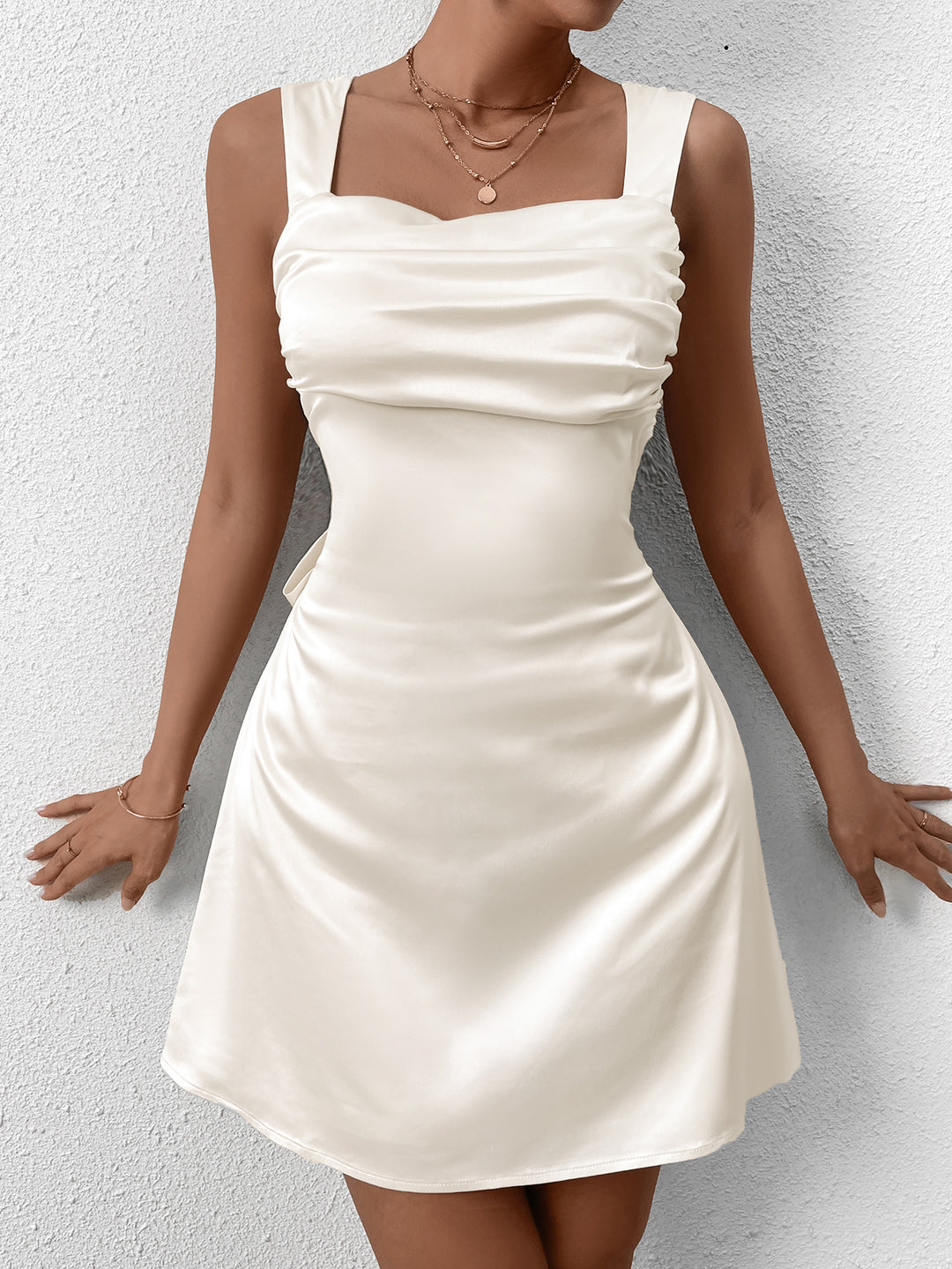 draped open-back mini dress in white Long-Sleeve Open-Back Mini Dress in Ivory Polka Dot Print - 10