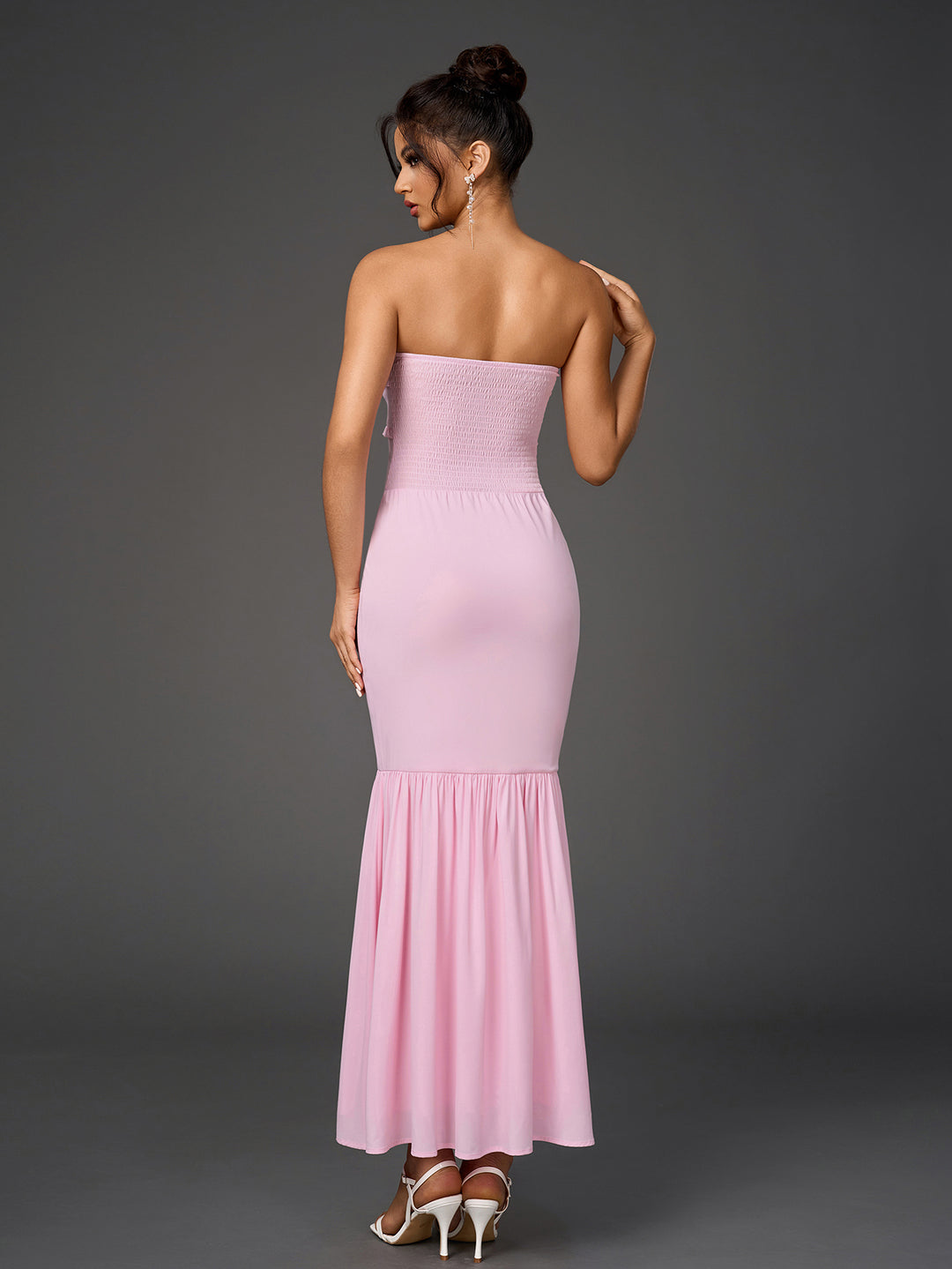 Backless Ruffle Trim Ruched Bodycon Tube Dress Parthea Fashion Backless Ruffle Trim Ruched Bodycon Tube Dress Parthea Fashion