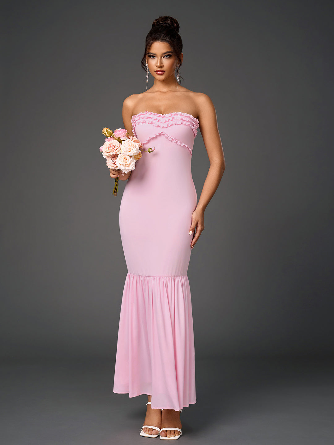 Backless Ruffle Trim Ruched Bodycon Tube Dress, Pink / XS Backless Ruffle Trim Ruched Bodycon Tube Dress, Pink / XS