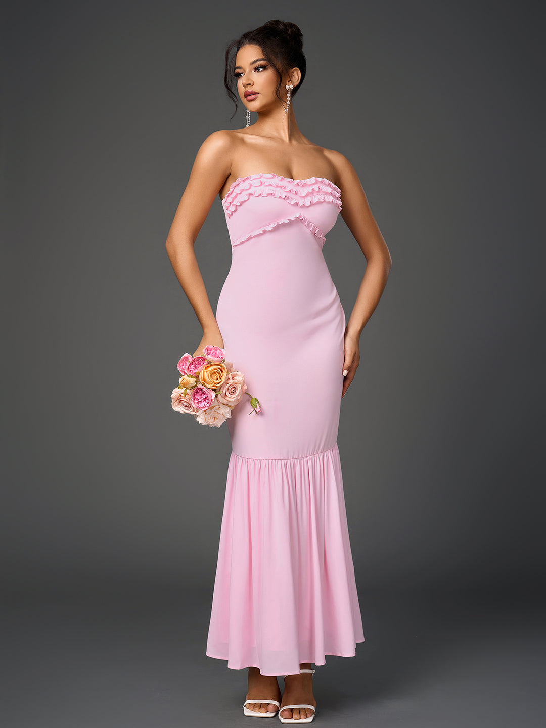 bodycon tube dress Backless Ruffle Trim Ruched Bodycon Tube Dress, Pink / XS