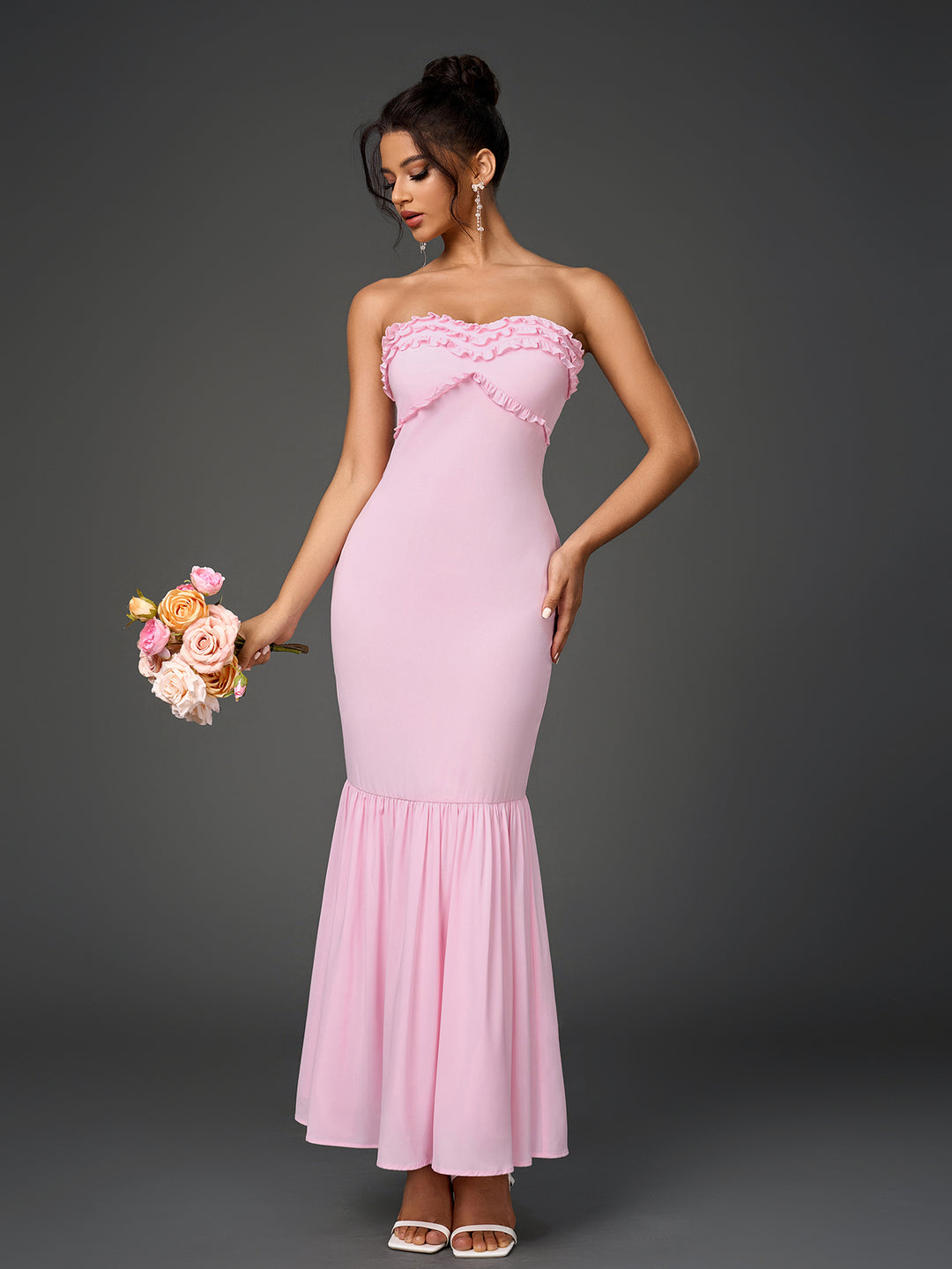 Backless Ruffle Trim Ruched Bodycon Tube Dress, Pink / XS