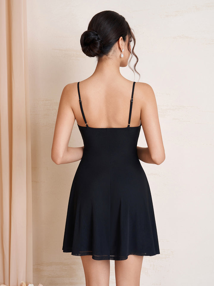 Backless Trim Ruffle Ruched Mesh Dress