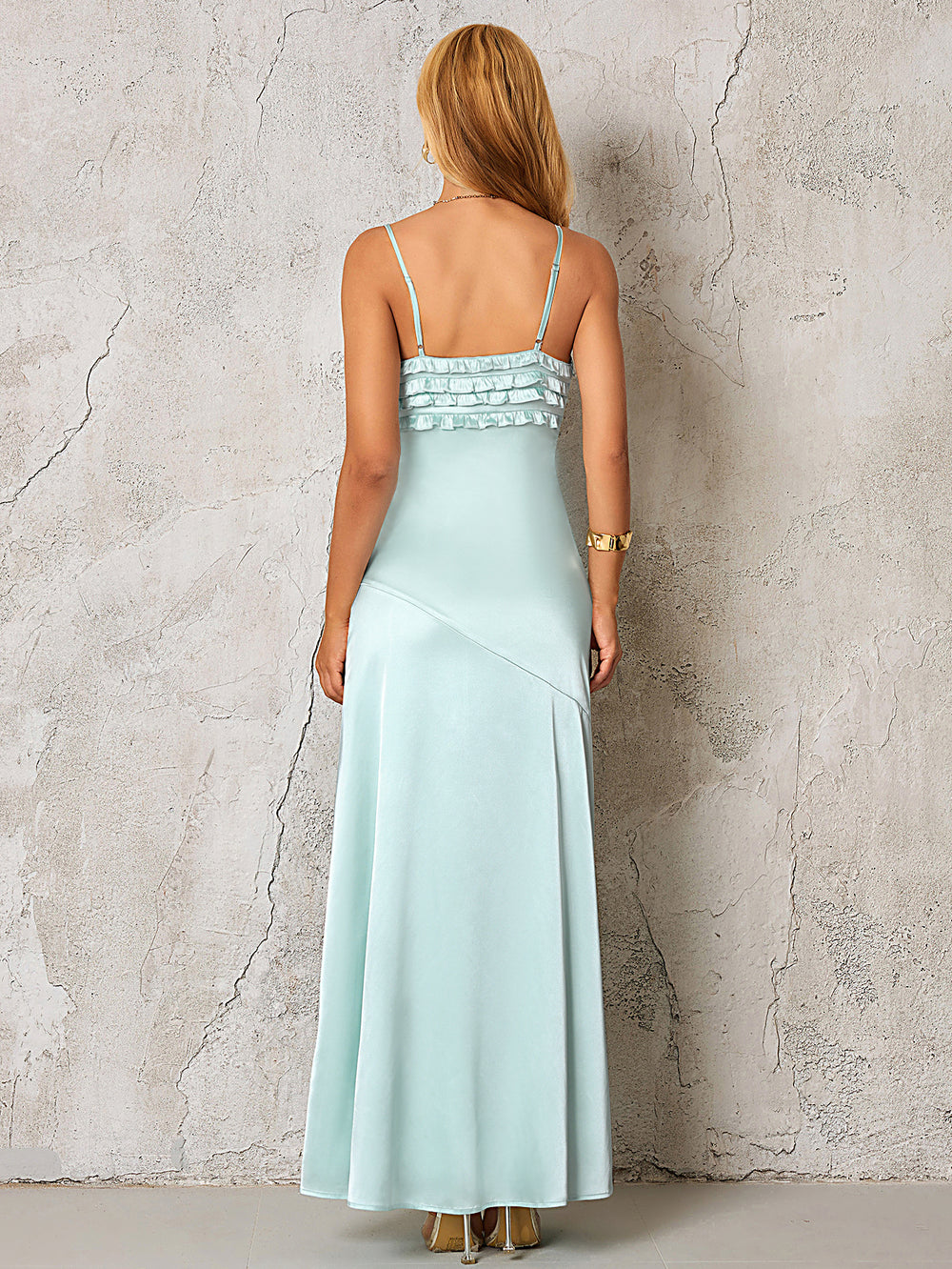 Backless Tie Front Ruffle Trim Satin Dress#color_Mintgreen
