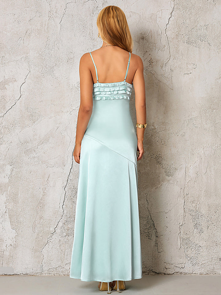 Backless Tie Front Ruffle Trim Satin Dress#color_Mintgreen