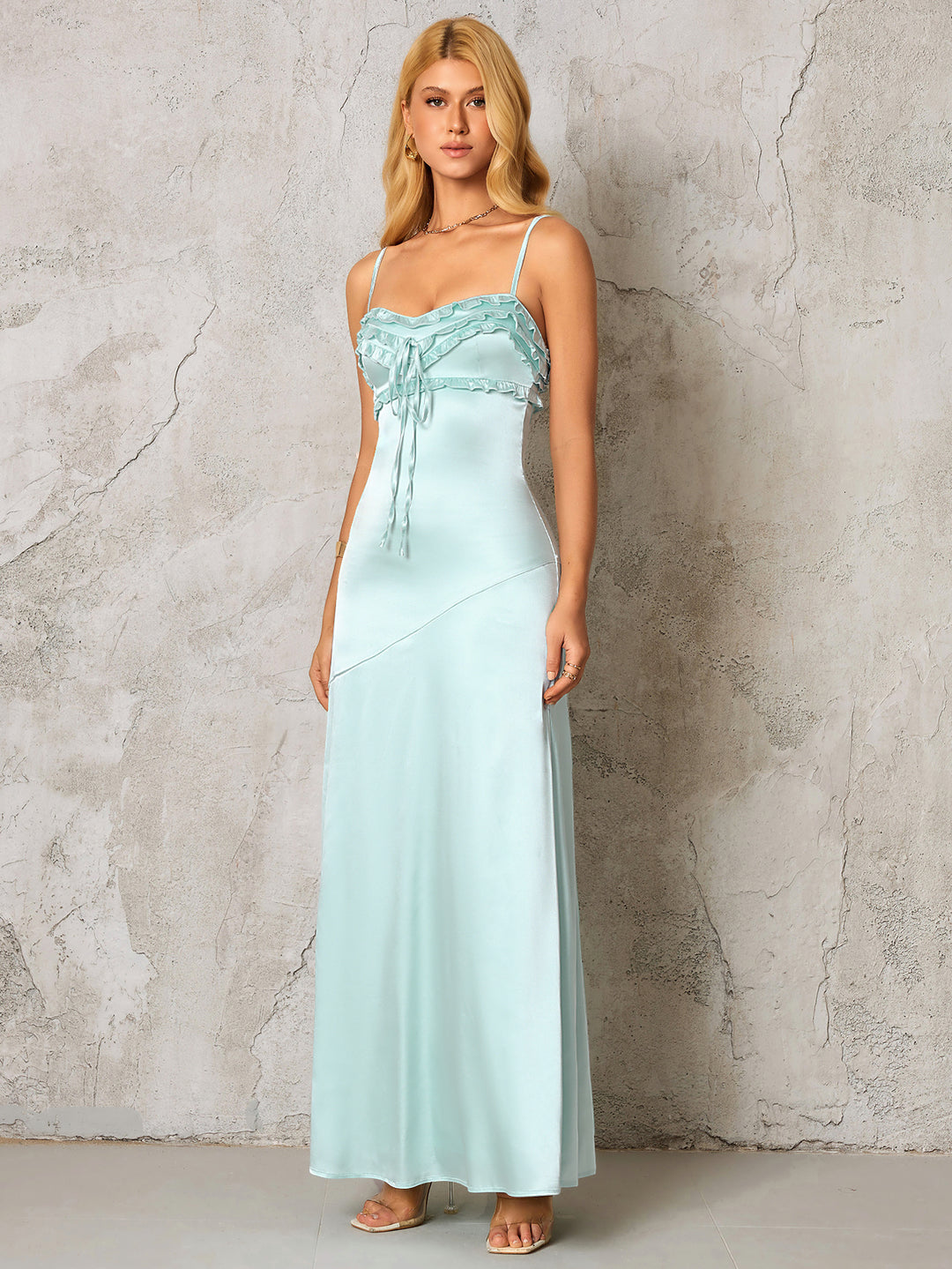 Tie Front Ruffle Trim Backless Satin Dress#color_Mintgreen