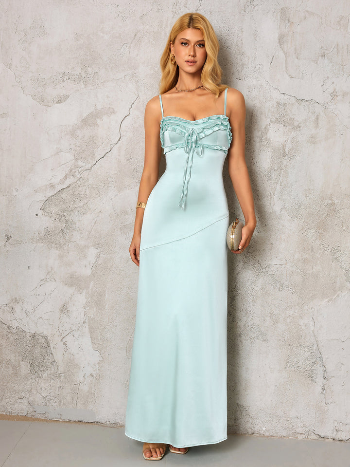 Ruffle Trim Tie Front Backless Satin Dress#color_Mintgreen