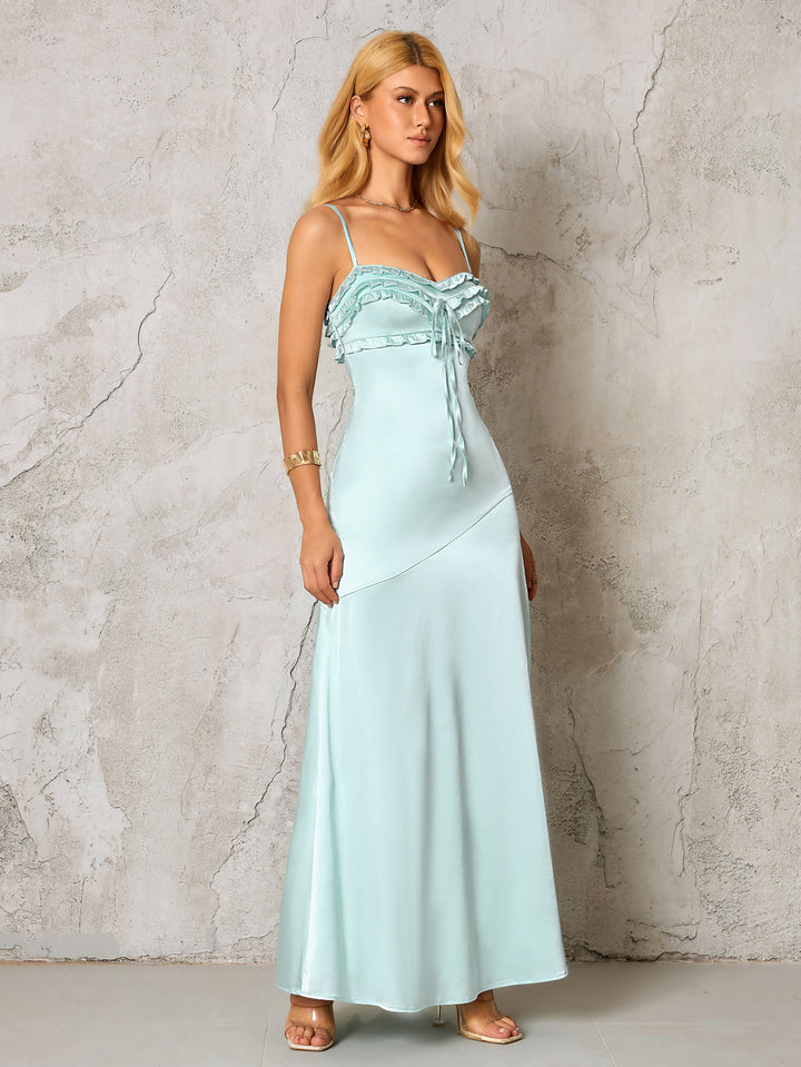 Ruffle Trim Backless Tie Front Satin Dress#color_Mintgreen