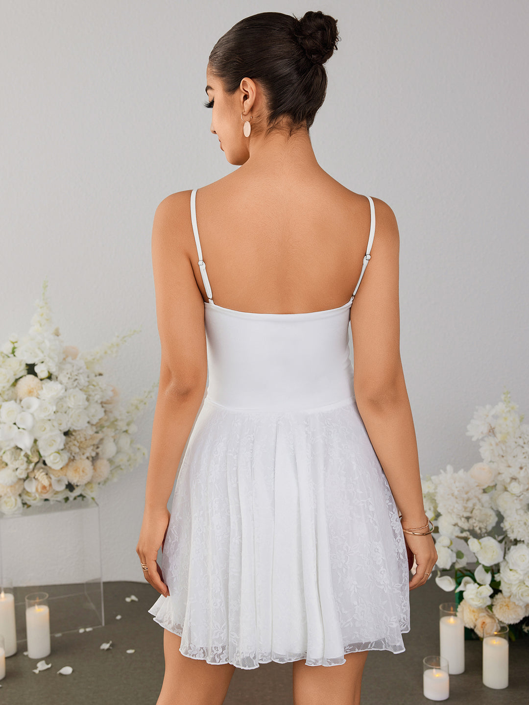 Backless Satin Patchwork Lace Hem Cami Dress, White / XS Backless Satin Patchwork Lace Hem Cami Dress, White / XS