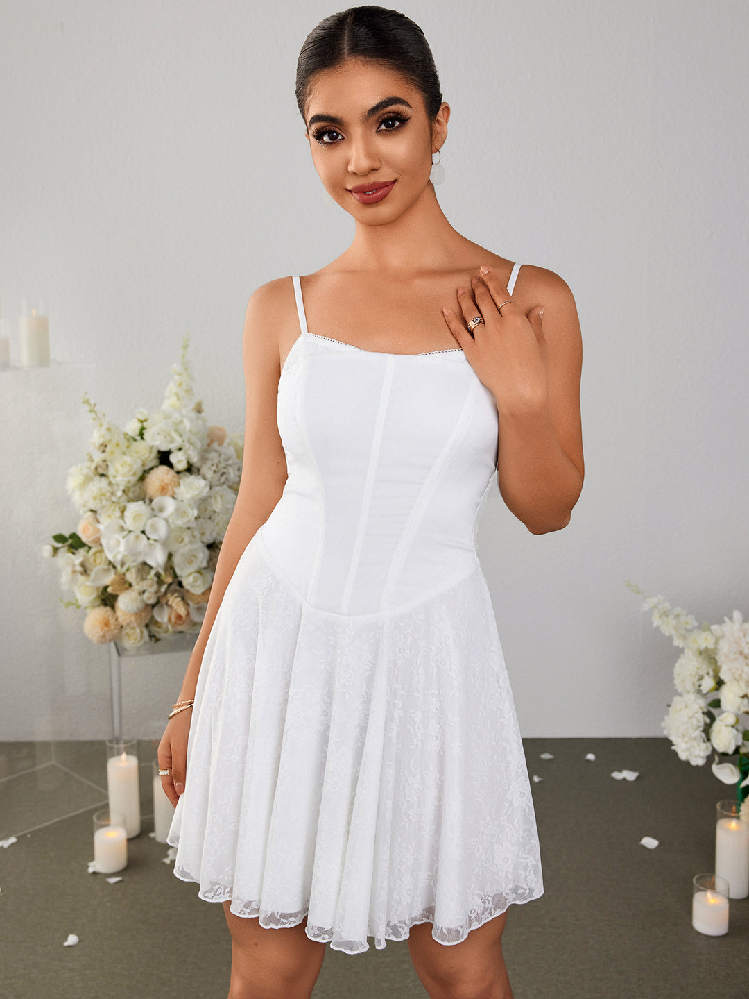 Backless Satin Patchwork Lace Hem Cami Dress, White / Xs Backless Satin Patchwork Lace Hem Cami Dress, White / Xs