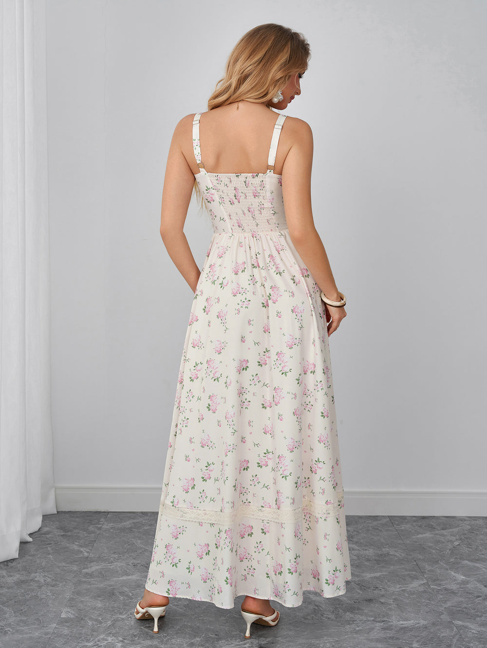 Backless Pocket Split Floral Print Maxi Dress#color_yellowfloral