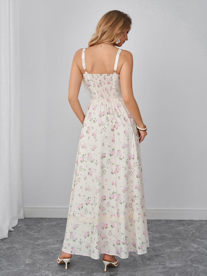 Backless Pocket Split Floral Print Maxi Dress