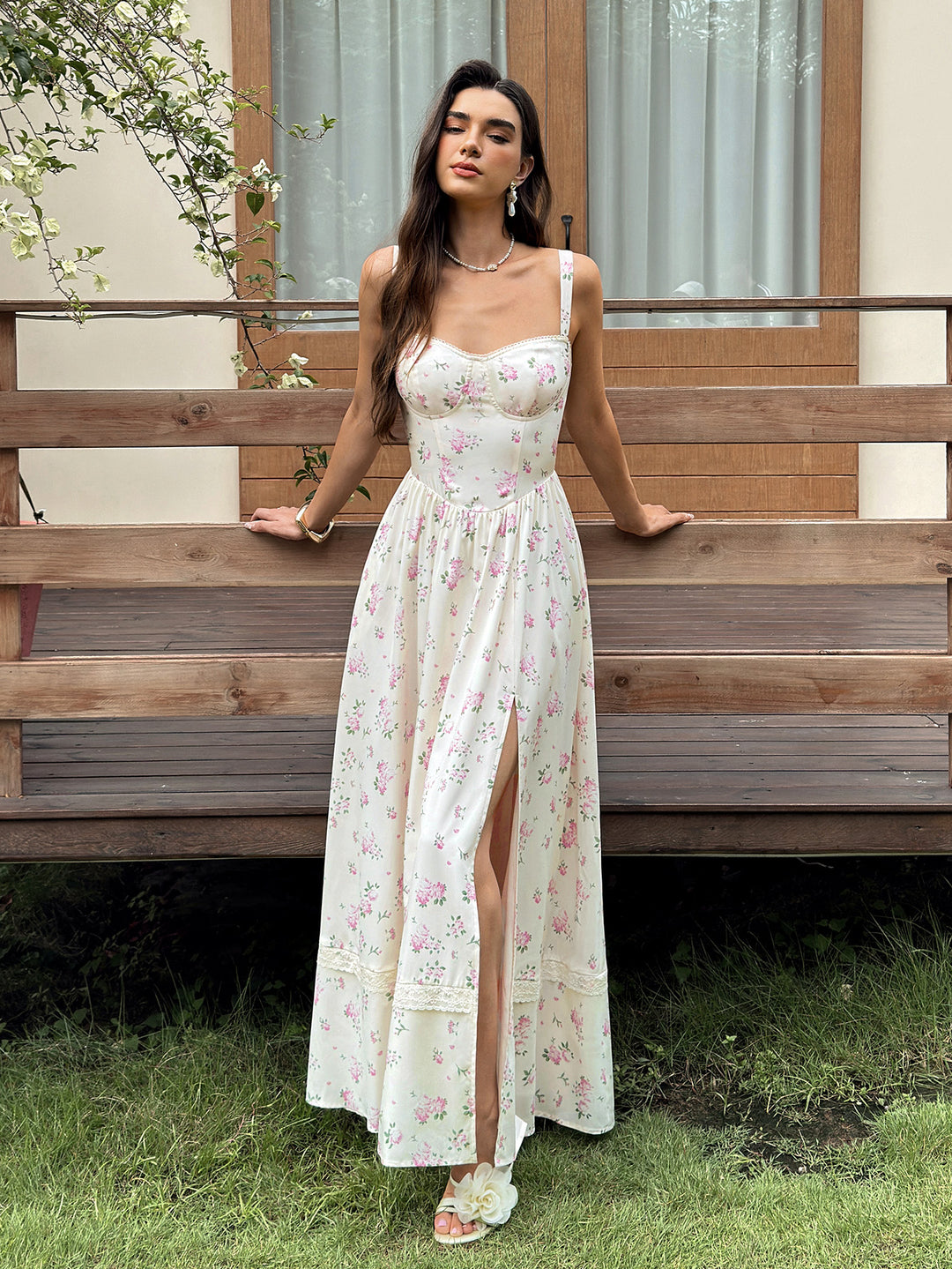 Pocket Split Backless Floral Print Maxi Dress