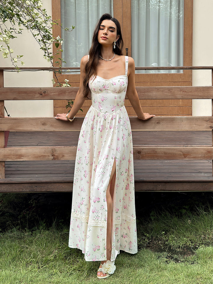 Pocket Split Backless Floral Print Maxi Dress