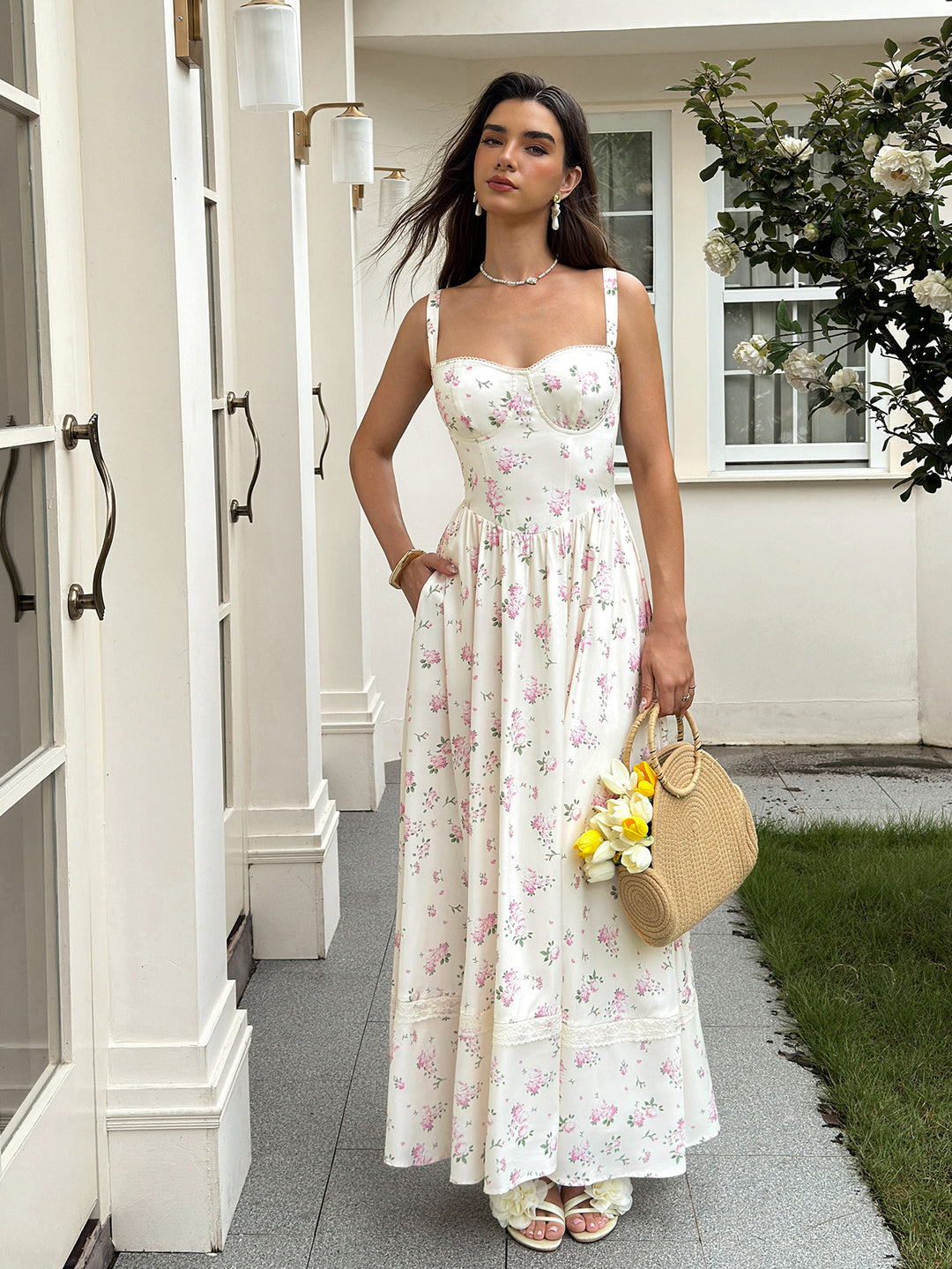 Backless Split Pocket Floral Print Maxi Dress#color_yellowfloral