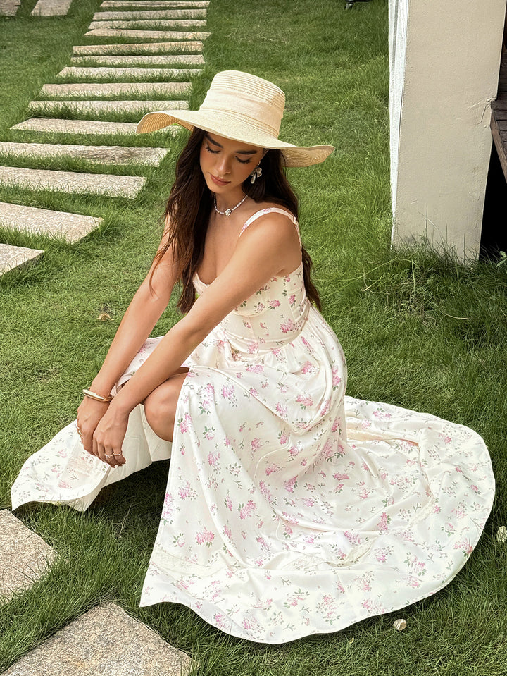 Split Pocket Backless Floral Print Maxi Dress