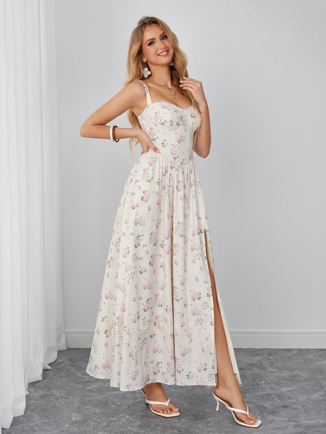 Split Backless Pocket Floral Print Maxi Dress