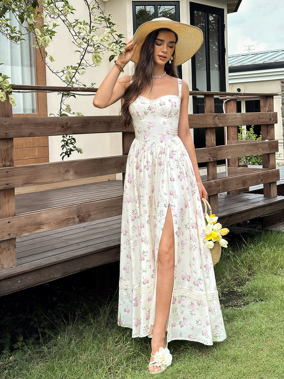 Split Backless Pocket Floral Print Maxi Dress