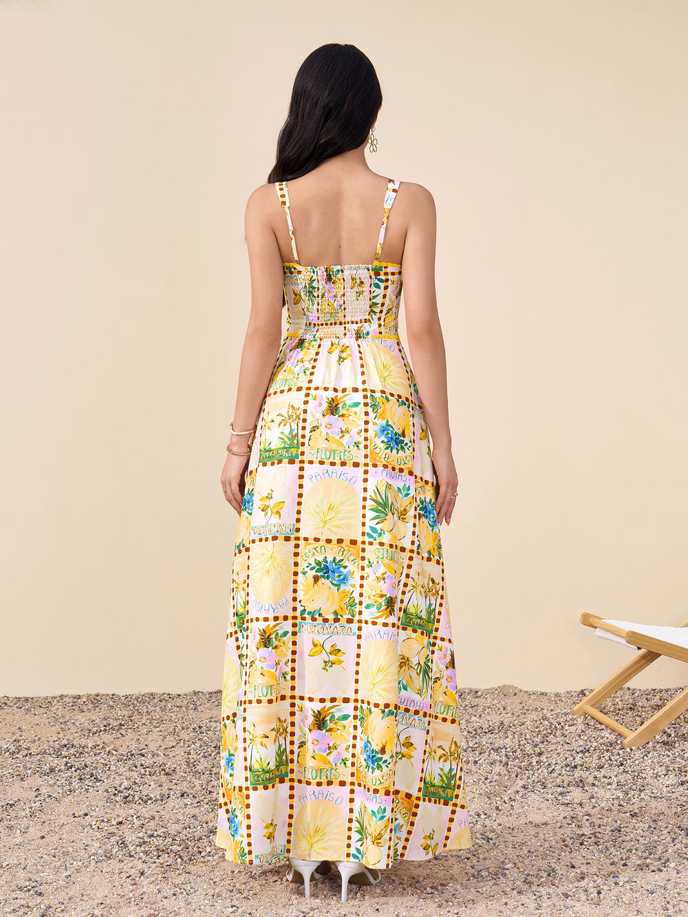 Backless Floral Print Split Thigh Maxi Dress#color_yellowfloral