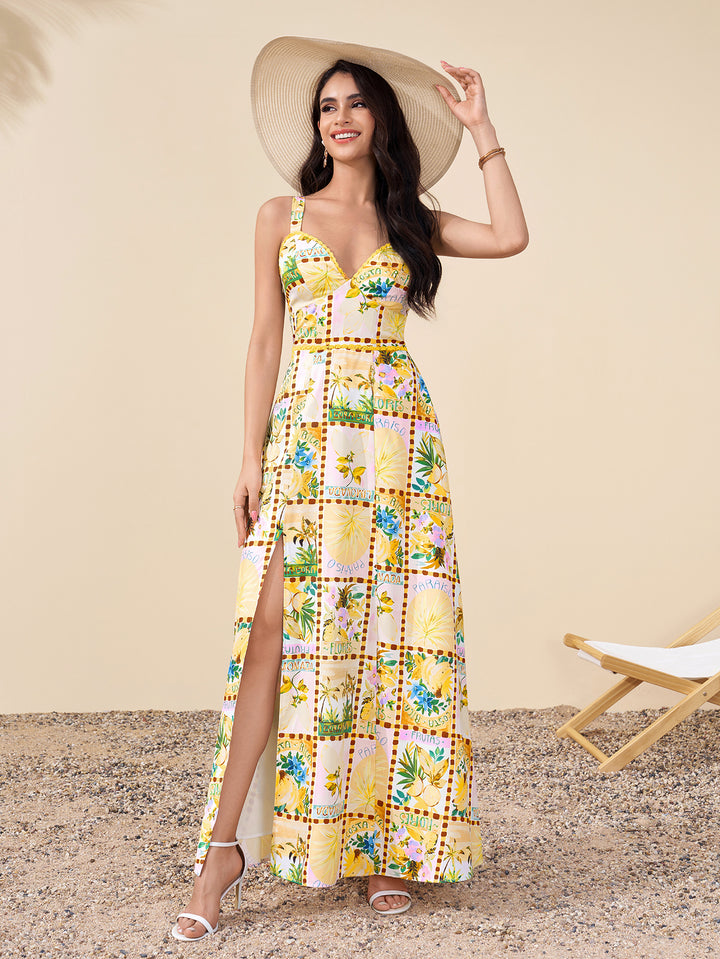 Floral Print Backless Split Thigh Maxi Dress