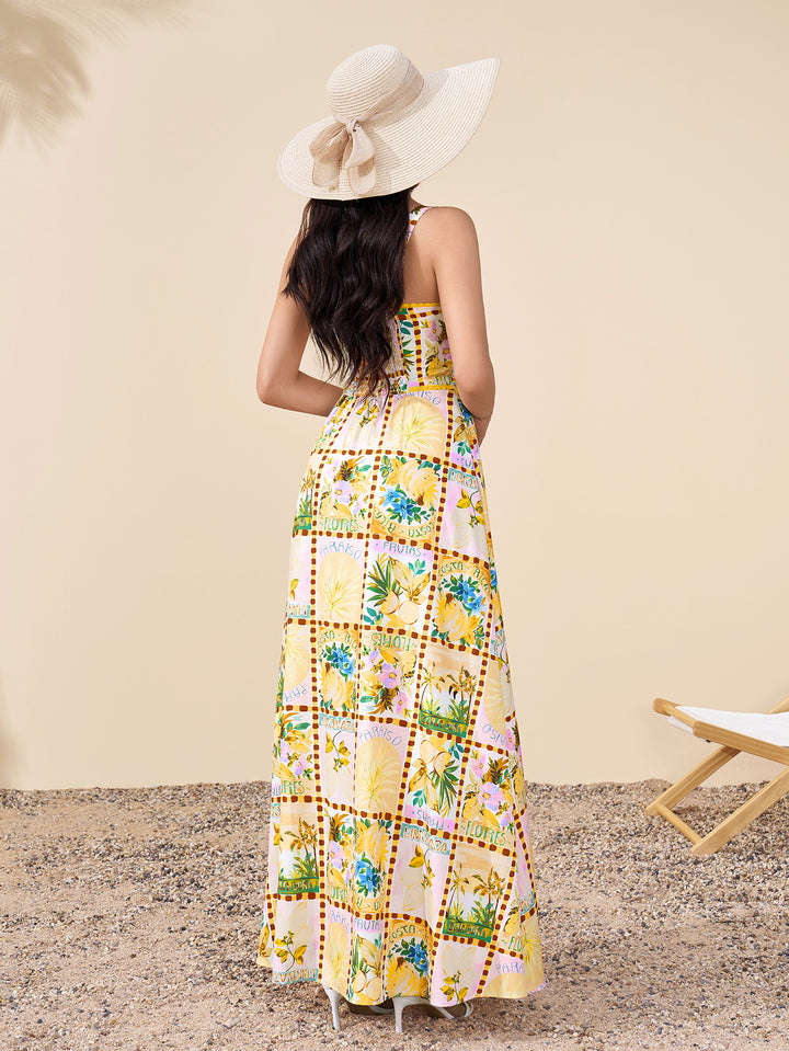 Split Thigh Floral Print Backless Maxi Dress