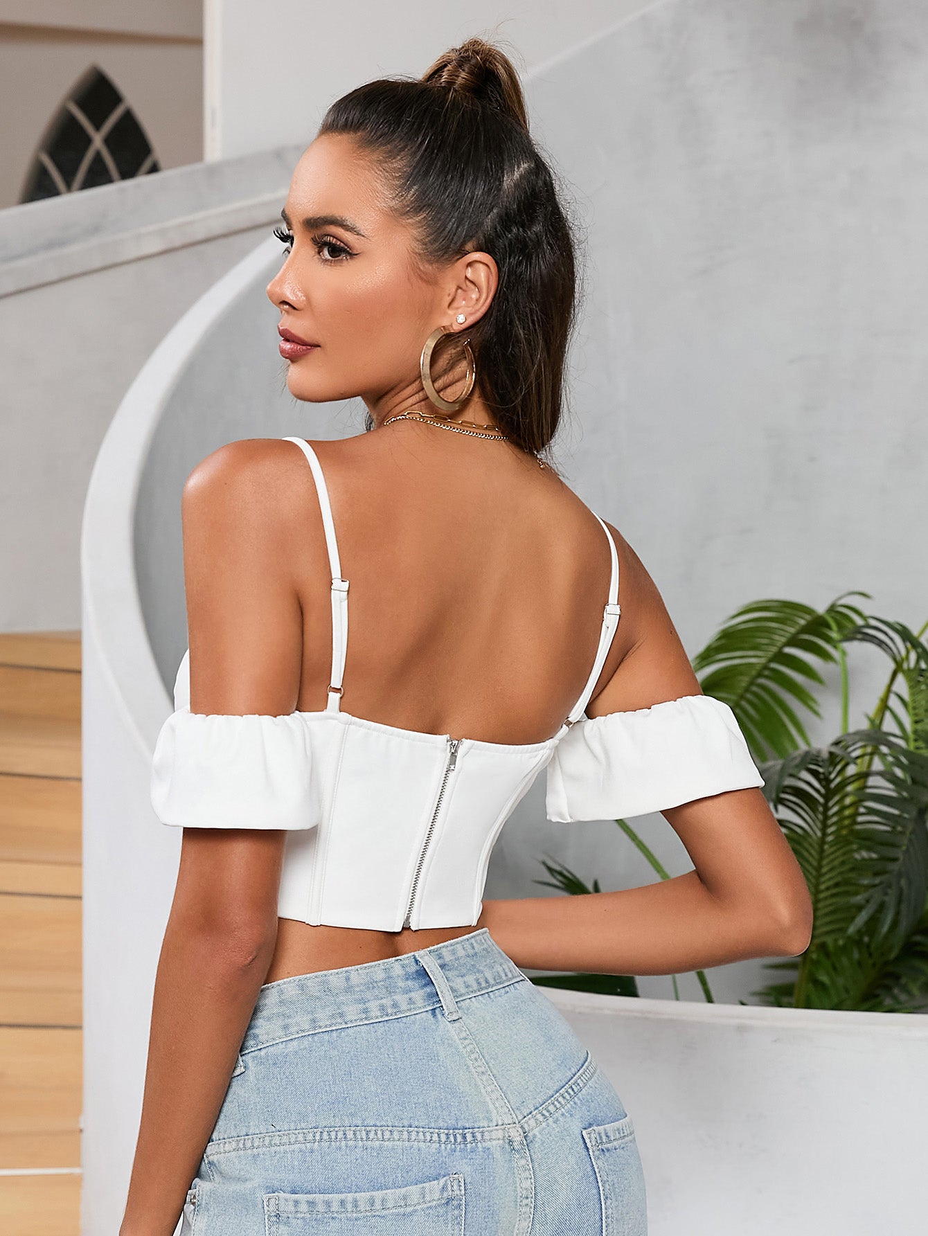 zipper backless corset crop top#color_white