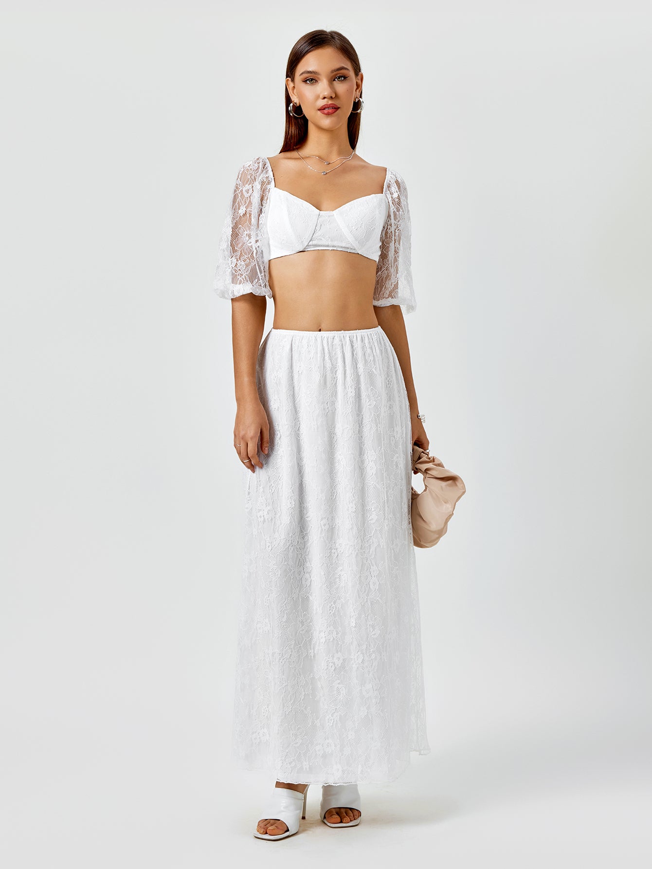backless zipper lace cami top&lace a-line skirt#color_white