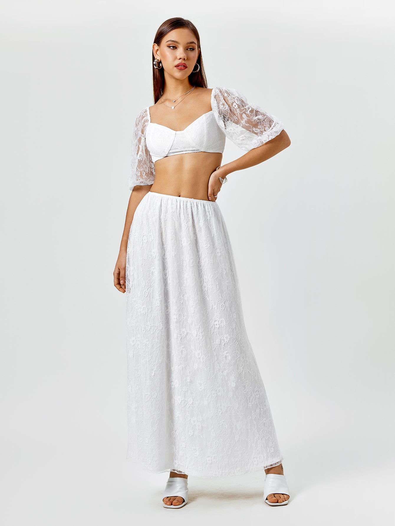 lace backless zipper cami top&lace a-line skirt#color_white