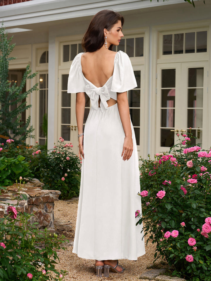 v-neck bat sleeve bow tie back with pockets long dress#color_white
