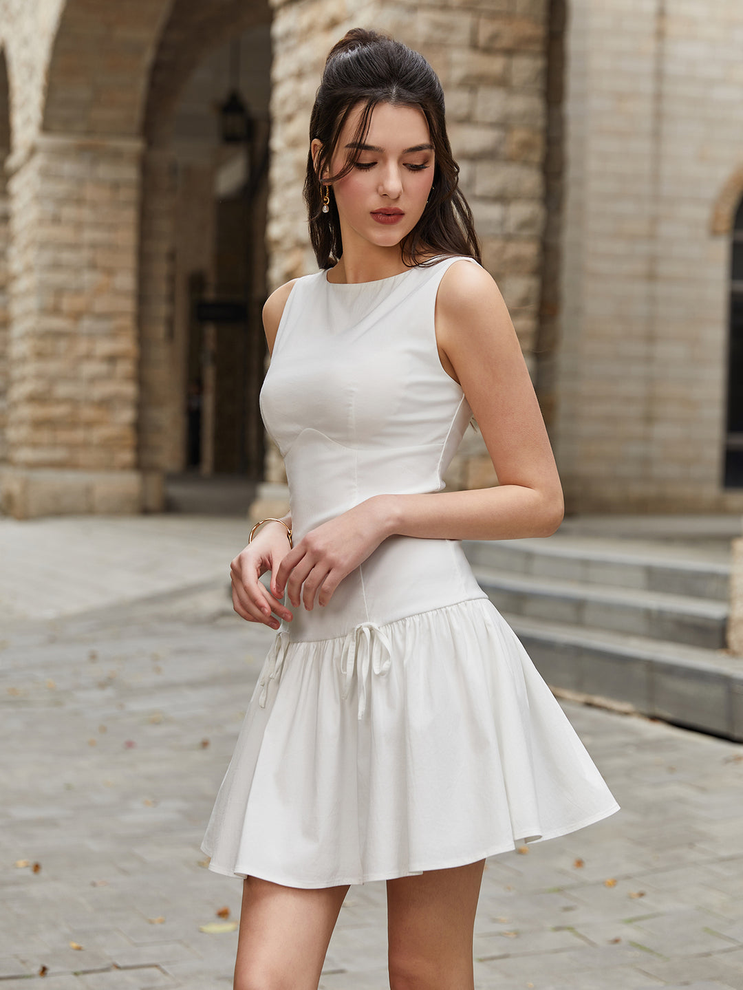 sleeveless pleated mini dress Sleeveless Drop Waist Pleated Hem Micro Mini Dress In Grey | EGO US