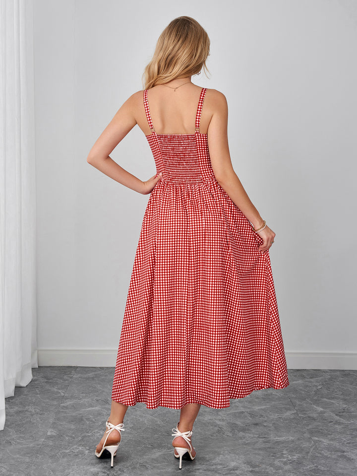 Bow Tie Front Pocket Backless Plaid Print Dress