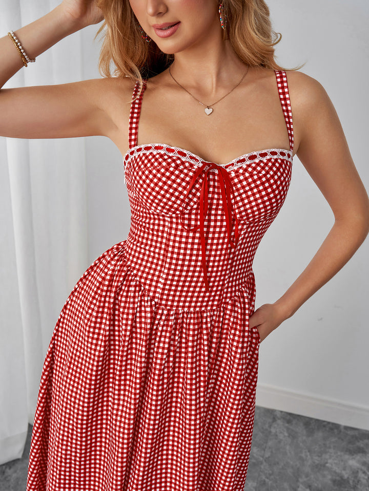 Pocket Backless Bow Tie Front Plaid Print Dress