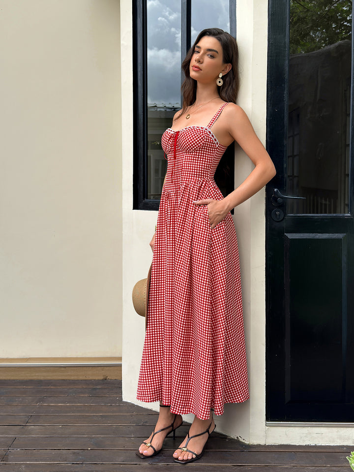 Pocket Backless Bow Tie Front Plaid Print Dress